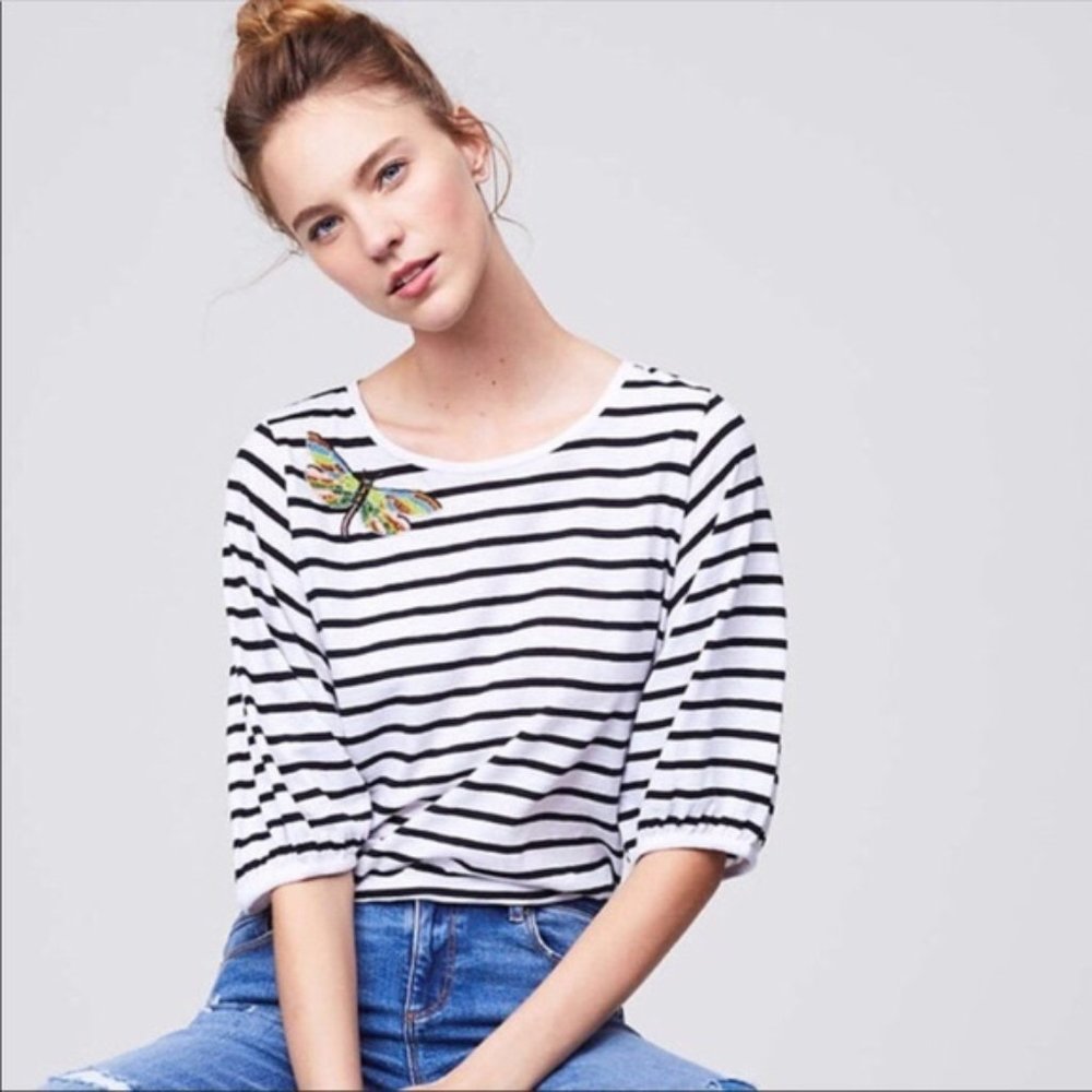 LOFT Striped Beaded Dragonfly Tee
